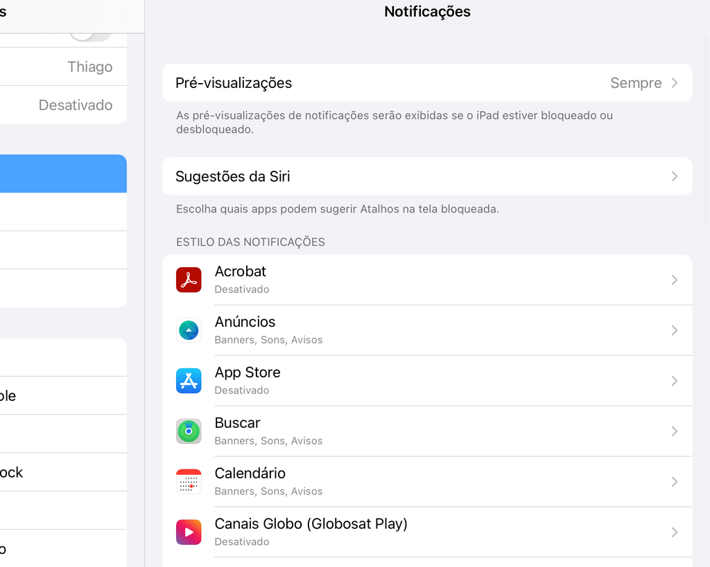 Controle os apps que enviarão notificações para o iPad. - Captura de tela: Thiago Furquim (Canaltech)