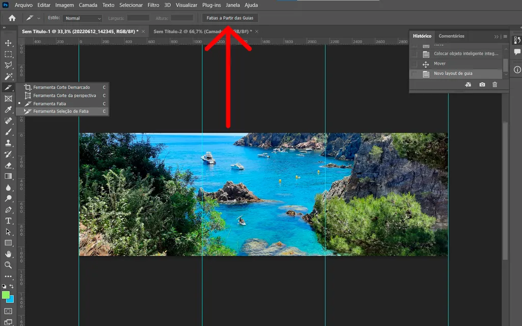 Use a função "Fatia" para cirar as imagens do carrossel no Photoshop (Captura de tela: André Magalhães)