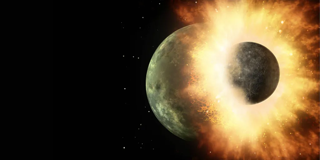Representação da colisão entre Theia e a Terra, que pode ter dado origem à Lua (Imagem: Reprodução/NASA/JPL-Caltech)