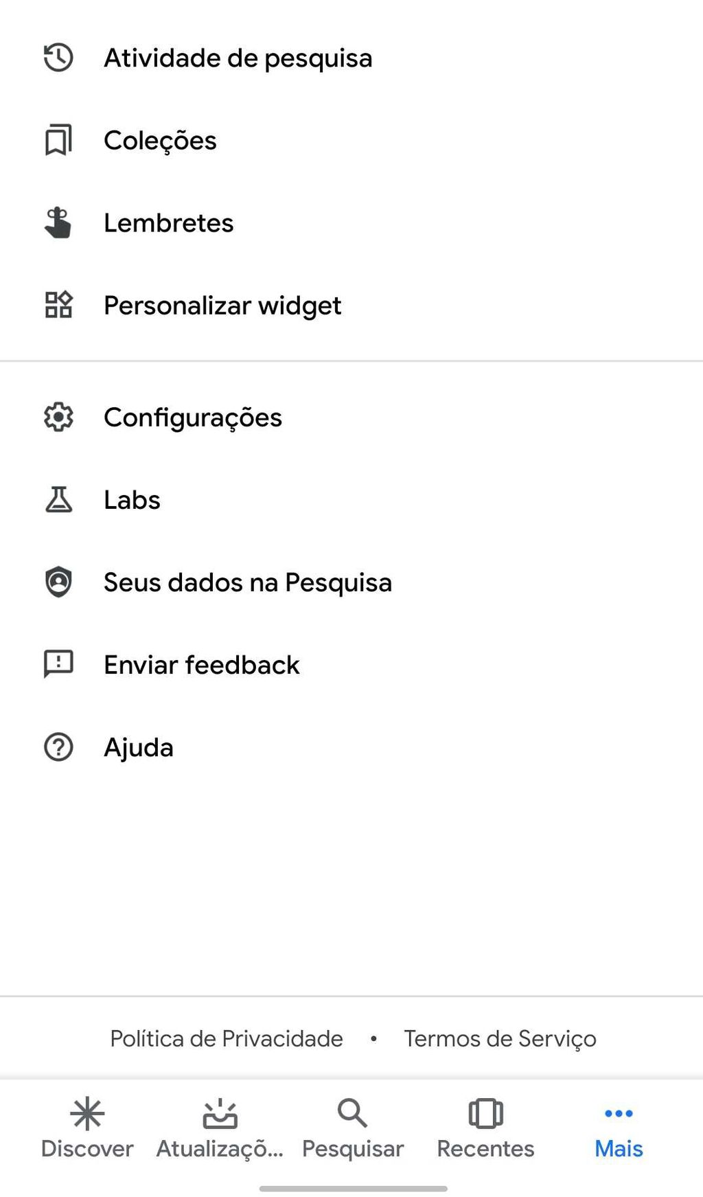 Opção Labs aparece ao se clicar no menu "Mais" do aplicativo de busca do Google (Captura: Felipe Junqueira/Canaltech)
