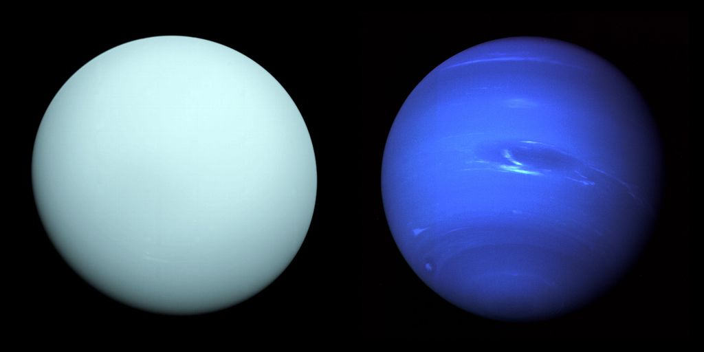 Apesar de terem composições similares, Urano e Netuno têm diferenças em suas aparências que podem ser causadas por partículas de metano (Imagem: Reprodução/NASA)