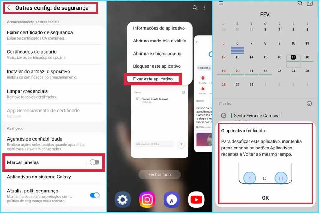 A fixação de tela de um aplicativo impede o uso de outros recursos e apps do celular (Imagem: Captura de Tela/Guilherme Haas/Canaltech)