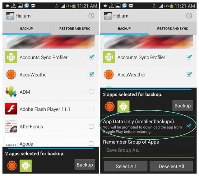Backup Android Helium Selecionar apps
