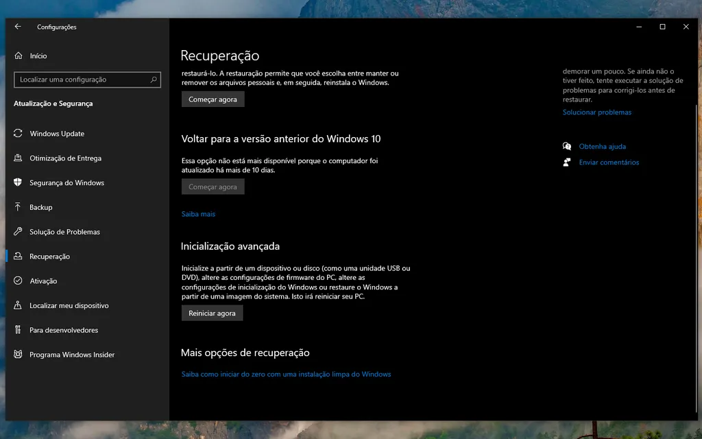 Entre no modo de recuperação do Windows 10 (Captura de tela: Thiago Furquim/Canaltech)