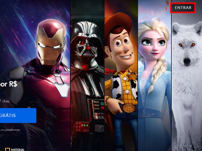 Abra o site do Disney+ e clique em "Entrar" no canto superior direito (Captura de tela: Matheus Bigogno/Canaltech)