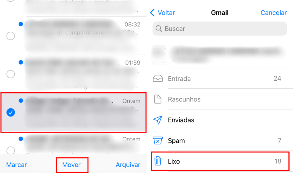 O app Mail do iOS permite deletar e-mails do Gmail individualmente (Imagem: Captura de tela/Fabrício Calixto/Canaltech)