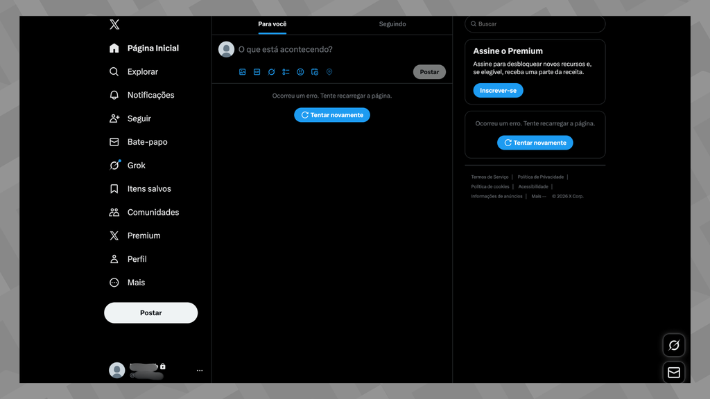 X (ex-Twitter) passa por instabilidade nesta sexta-feira (16) (Imagem: Captura de tela/Canaltech)