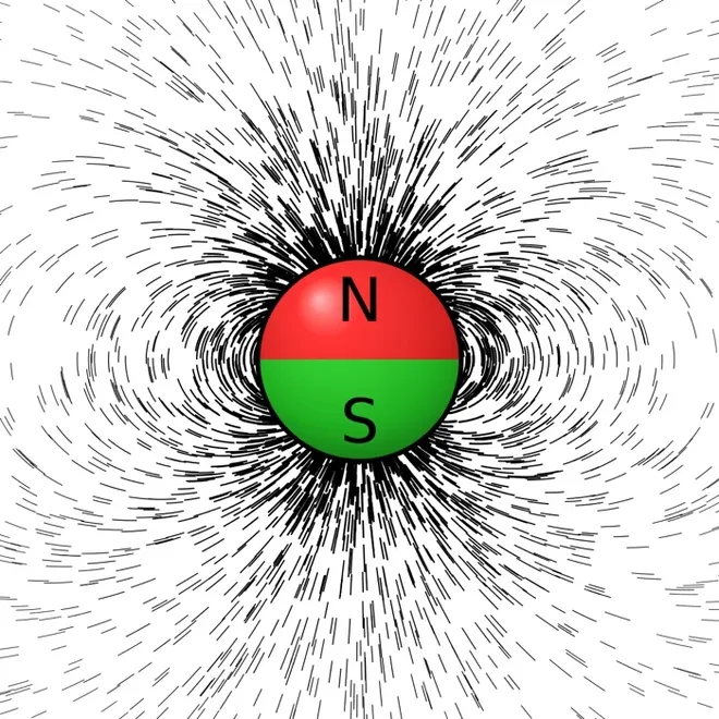 Representação de pedacinhos de ferro dispostos ao longo do campo magnético de um ímã (Imagem: Reprodução/Geek3/Wikimedia Commons)