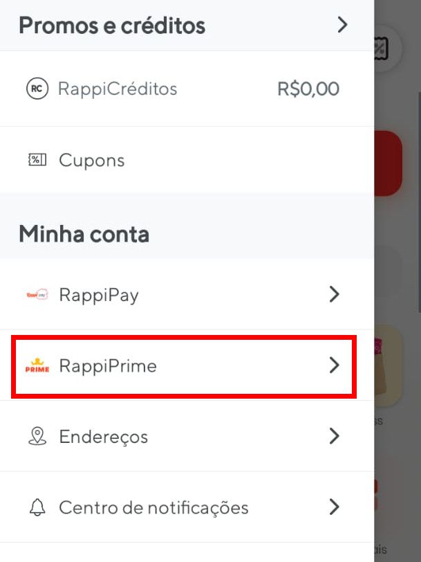 Role o menu aberto até encontrar a opção "RappiPrime" e clique nela (Captura de tela: Matheus Bigogno)