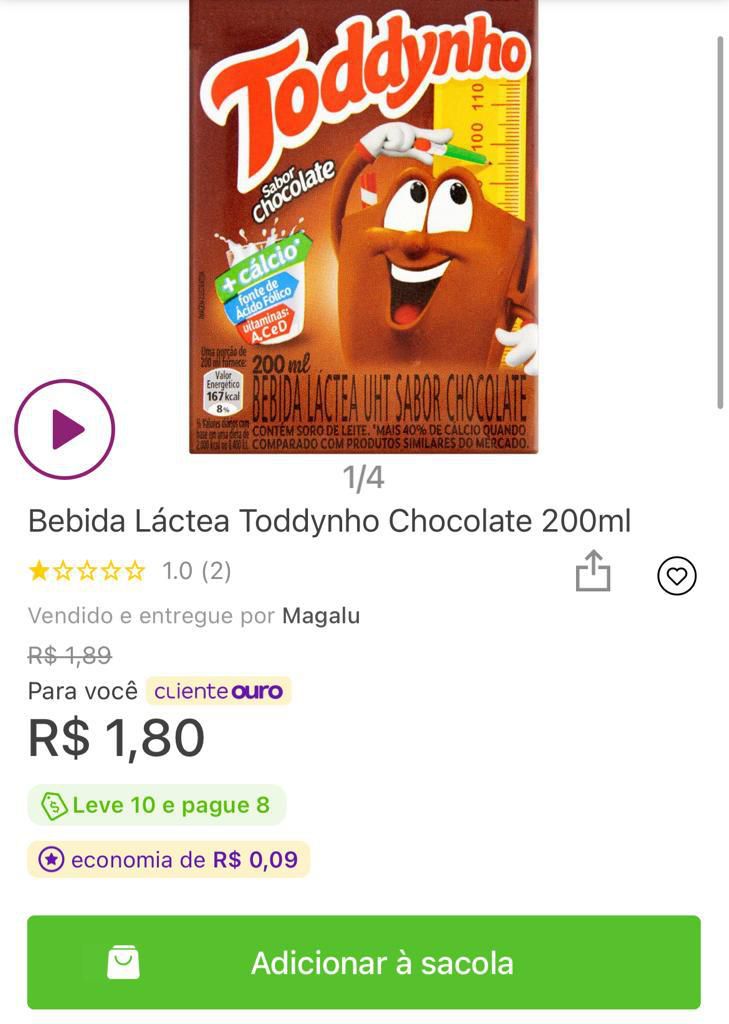BEBIDA LÁCTEA CHOCOLATE TODDYNHO 200ML