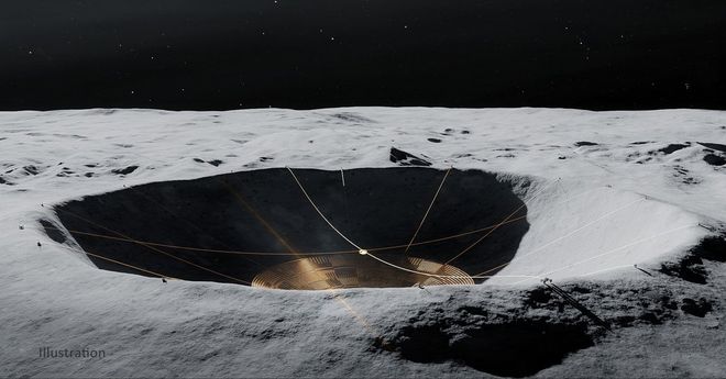 Representação artística do projeto LCRT instalado no lado afastado da Lua (Imagem: Reprodução/NASA/Vladimir Vustyansky)