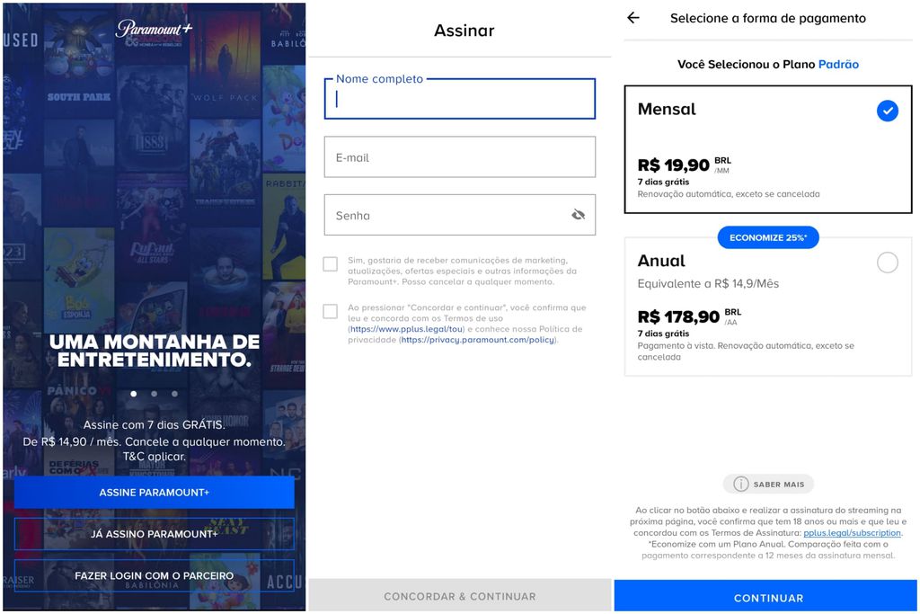 É possível assinar o Paramount+ pelo app ou site do streaming (Imagem: Captura de tela/Guilherme Haas/Canaltech)