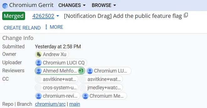 A capacidade de arrastar e soltar imagens da área de notificações foi encontrado em desenvolvimento no Chromium Gerrit (Imagem: Reprodução/Chromium Gerrit)