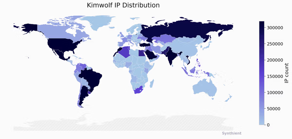 Distribuição dos IPs da botnet Kimwolf: o Brasil é um dos locais mais afetados através de aparelhos TV box Android clandestinos (Imagem: Synthient/Divulgação)