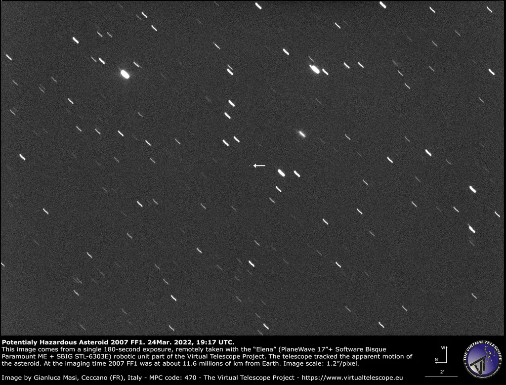 Asteroide 2007 FF1 registrado em 24 de março, à distância de aproximadamente 11,6 milhões de quilômetros (Imagem: Reprodução/Virtual Telescope)