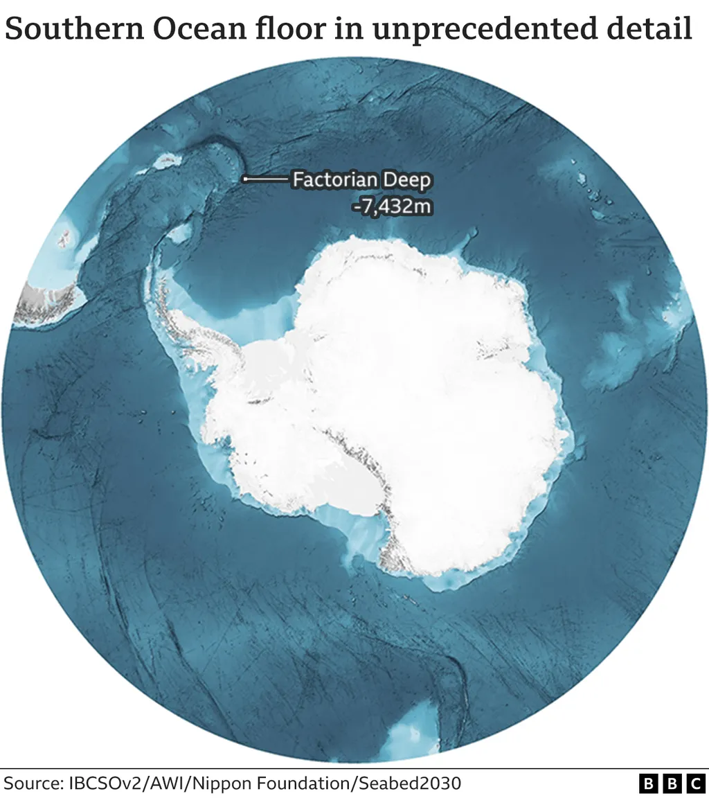 O ponto mais profundo do Oceano Antártico é a depressão Factorin Deep (Imagem: Reprodução/IBCSO/BBC)