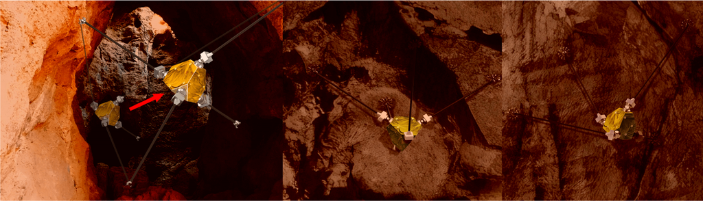 Ilustração do ReachBot, um dos conceitos propostos, atravessando uma caverna em Marte com a ajuda de seus recursos (Imagem: Reprodução/Marco Pavone)