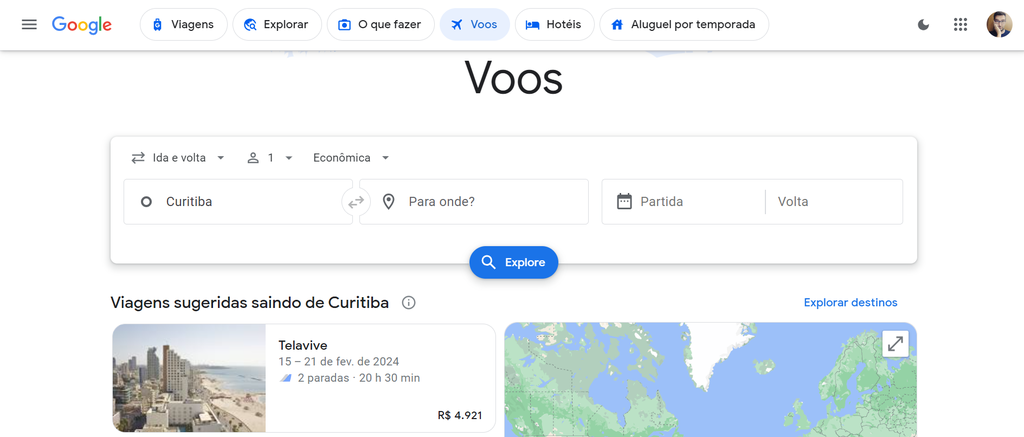 Página do Google Voos com busca por passagem aérea (Imagem: Captura de tela/Guilherme Haas/Canaltech)