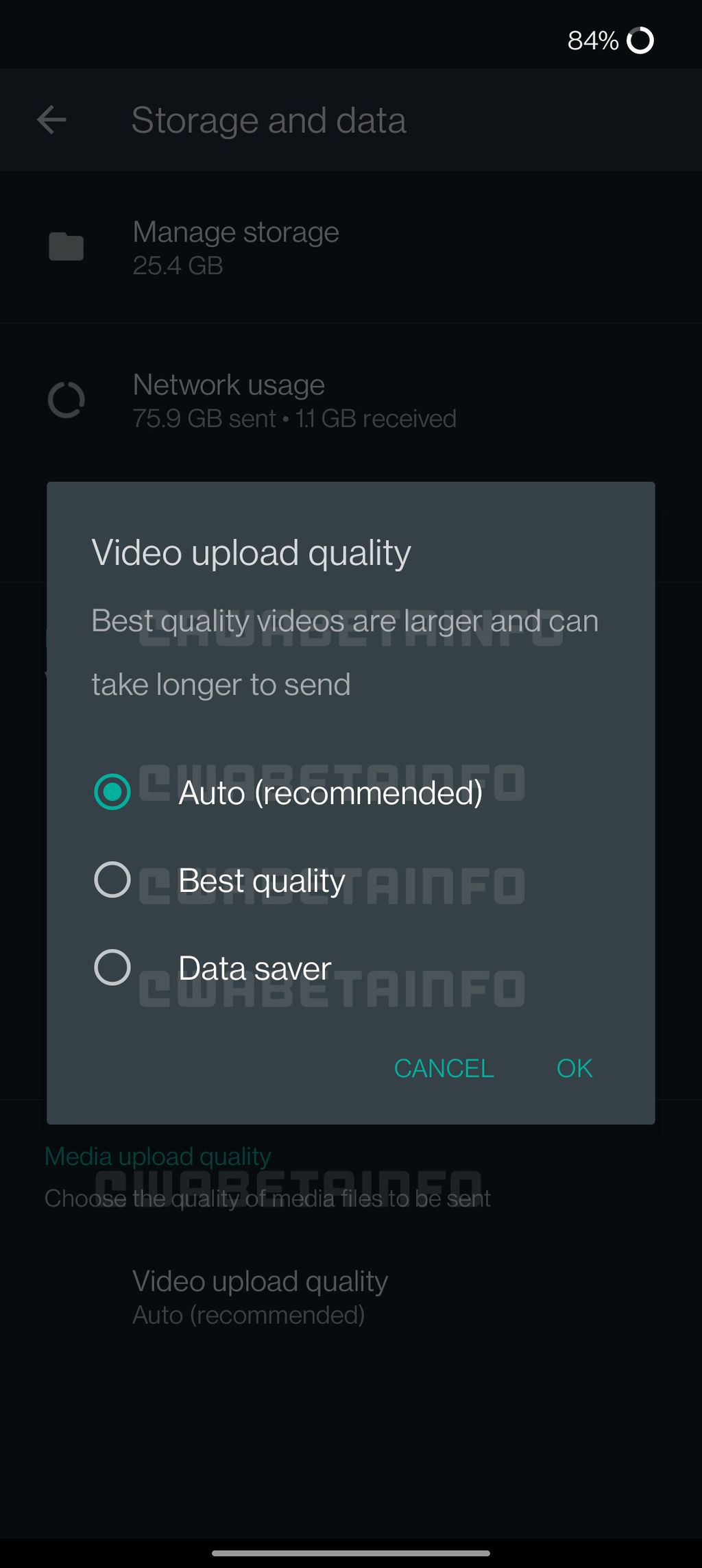 O seletor de qualidade de uploads finalmente dá garantias ao remetente sobre como o vídeo aparecerá do outro lado (Imagem: Reprodução/WABetaInfo)