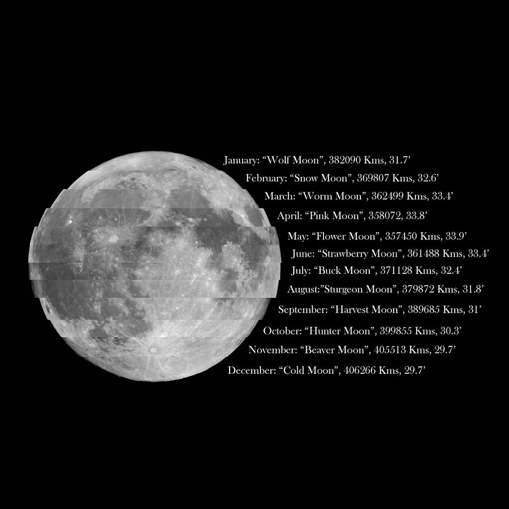 Sequência das Luas cheias no ano passado, junto dos nomes populares no hemisfério norte (Imagem: Reprodução/Soumyadeep Mukherjee)