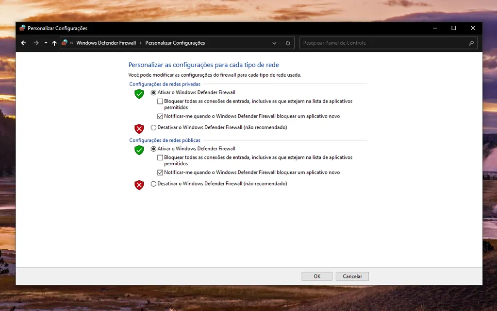 Desabilite o Windows Defender Firewall do sistema para corrigir o erro de conexão (Captura de tela: Thiago Furquim/Canaltech)