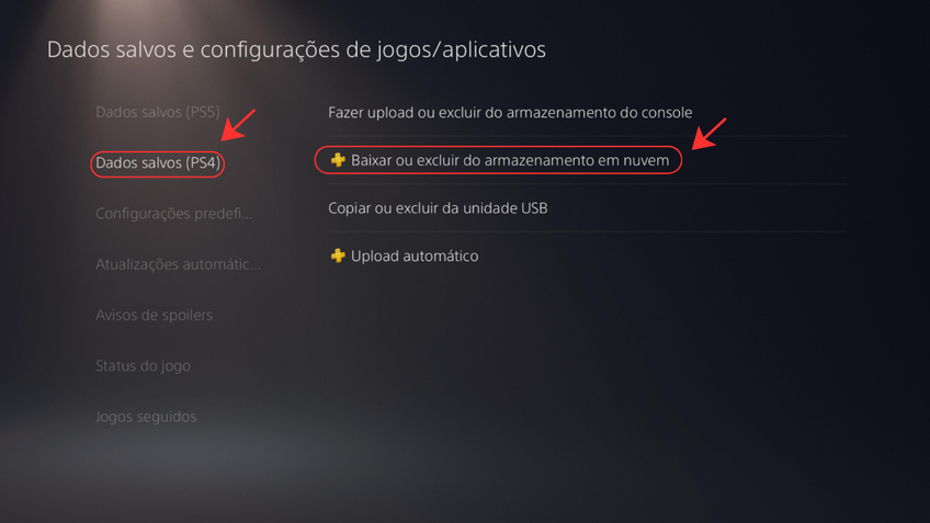 Transferência de dados via nuvem PS5 e PS4