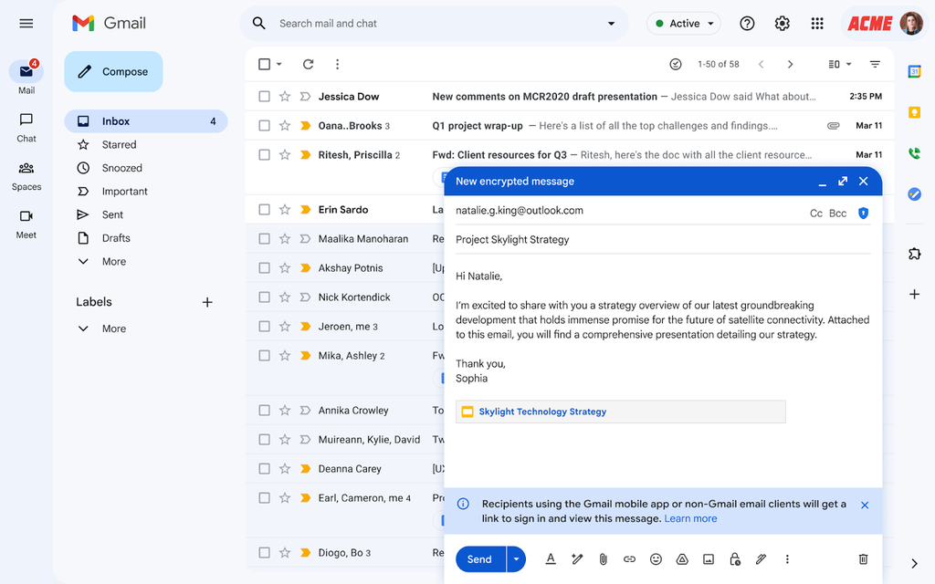 Ao enviar o novo tipo de e-mail, a Google avisará que está enviando uma
