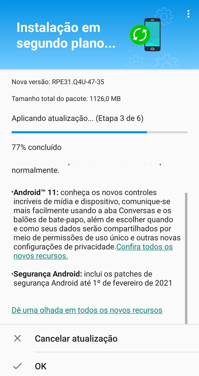 Notificação do Android 11 no Moto G8 Power brasileiro (Imaegm: Reprodução/Alex Sandro Lopes)