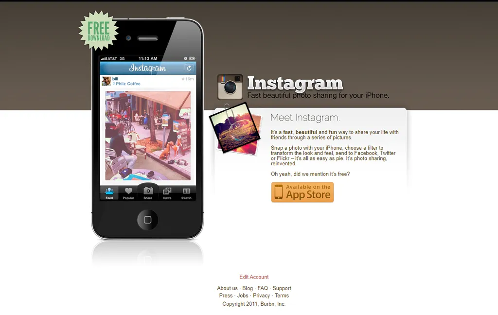 O Instagram só era acessível pelo aplicativo baixado na App Store e não era uma rede social (Imagem: Reprodução/Archive.org)