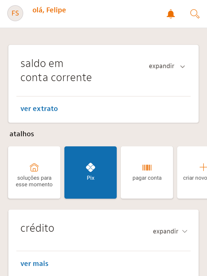 Na página inicial do app você pode adicionar atalhos correspondentes aos serviços do Itaú - (Captura: Canaltech/Felipe Freitas)