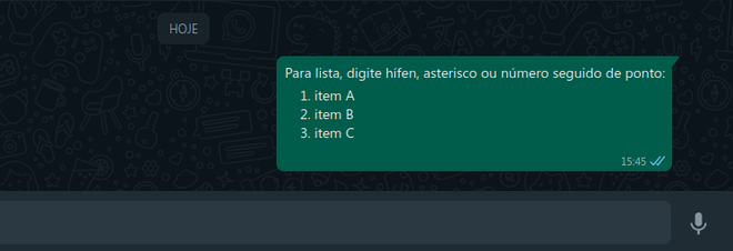Você pode organizar seus textos transformando-os em listas numeradas no WhatsApp (Imagem: Captura de tela/Douglas Ciriaco/Canaltech)