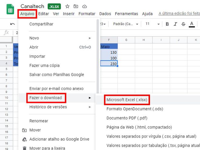 Clique em "Arquivo", "Fazer o download" e, em seguida, selecione "Microsoft Excel (.xlsx)" (Captura de tela: Matheus Bigogno)