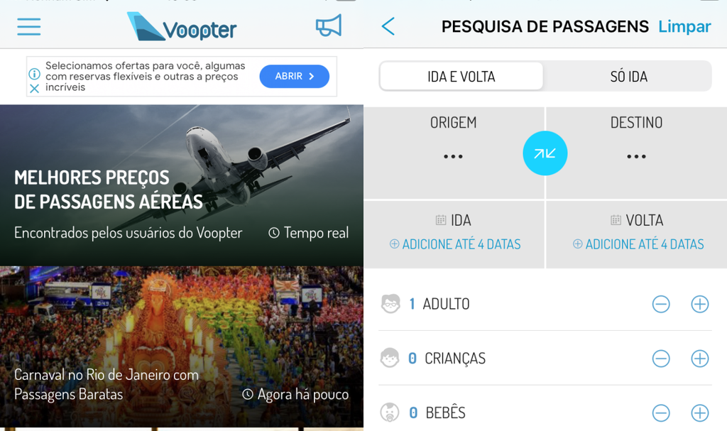 O Voopter indica promoções de passagens para passagens aéreas (Imagem: Captura de tela/Fabrício Calixto/Canaltech)