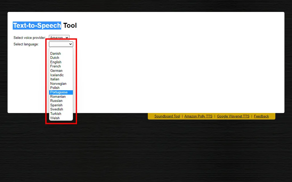Acesse a plataforma Text-To-Speech (TTS) e selecione "Português" como idioma (Captura de tela: Matheus Bigogno)