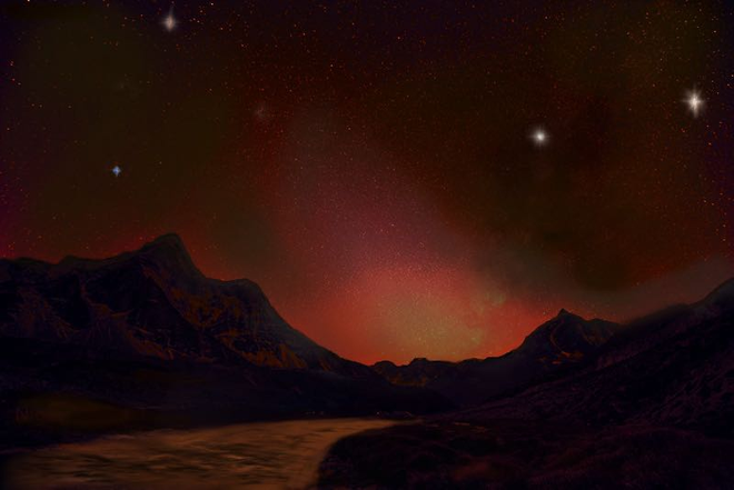 Representação da luz zodiacal avermelhada no exoplaneta Kepler-1229b, que orbita uma anã vermelha (Imagem: Reprodução/SHAO/Yue Xu)