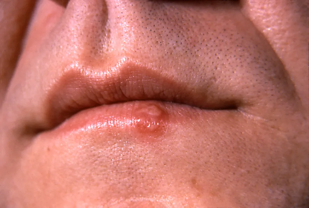 Manifestações do herpes começam com um inchaço e vermelhidão nos lábios, como se formasse uma bolha (Imagem: CDC/Dr. Hermann)