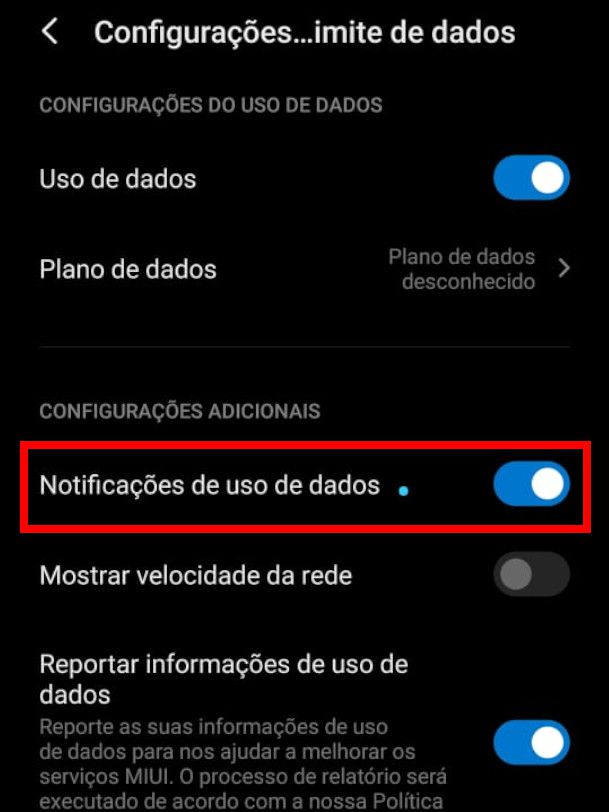 Em um celular da Xiaomi, deabilite a opção "Notificações de uso de dados" (Captura de tela: Matheus Bigogno)