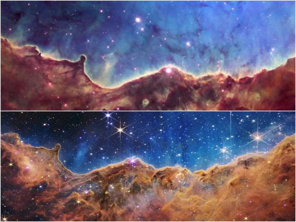 Nebulosa Carina: a diferença aqui é absurda! (Imagem: Reprodução/NASA/ESA/CSA/STScI/Hubble Team