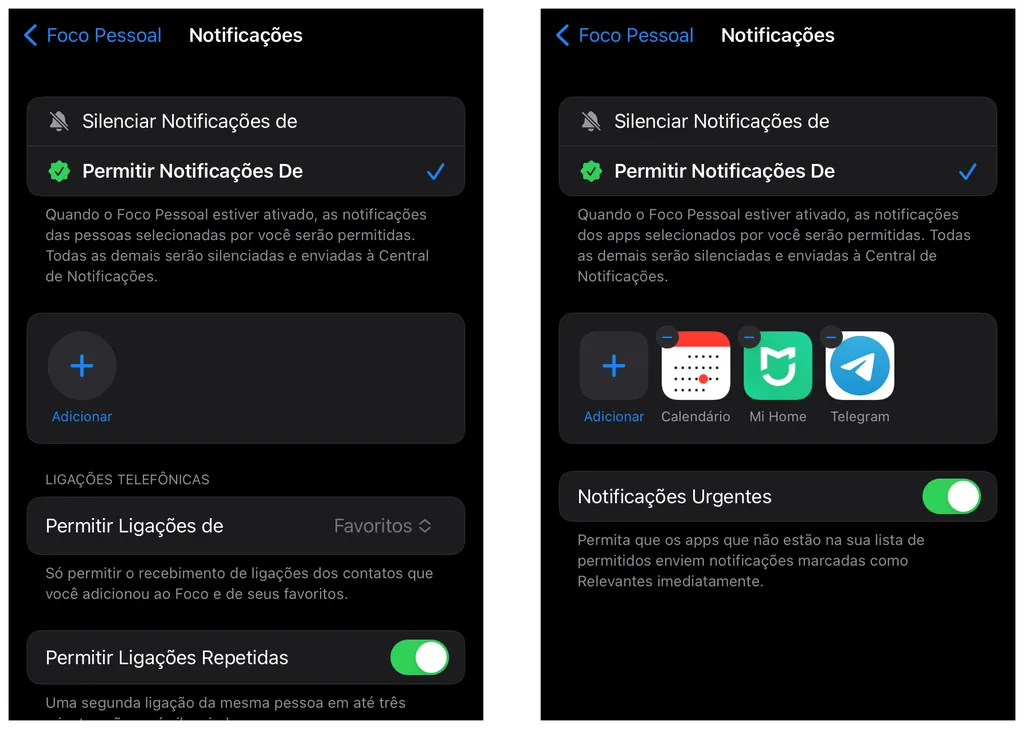 Adicione pessoas e apps à lista de permissões e restrições de notificação no foco do iPhone (Captura de tela: Thiago Furquim/Canaltech)