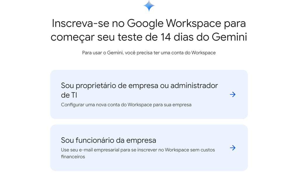 É preciso ter uma conta corporativa para experimentar a integração do Gemini com o Google Workspace (Imagem: Captura de tela/Guilherme Haas/Canaltech)