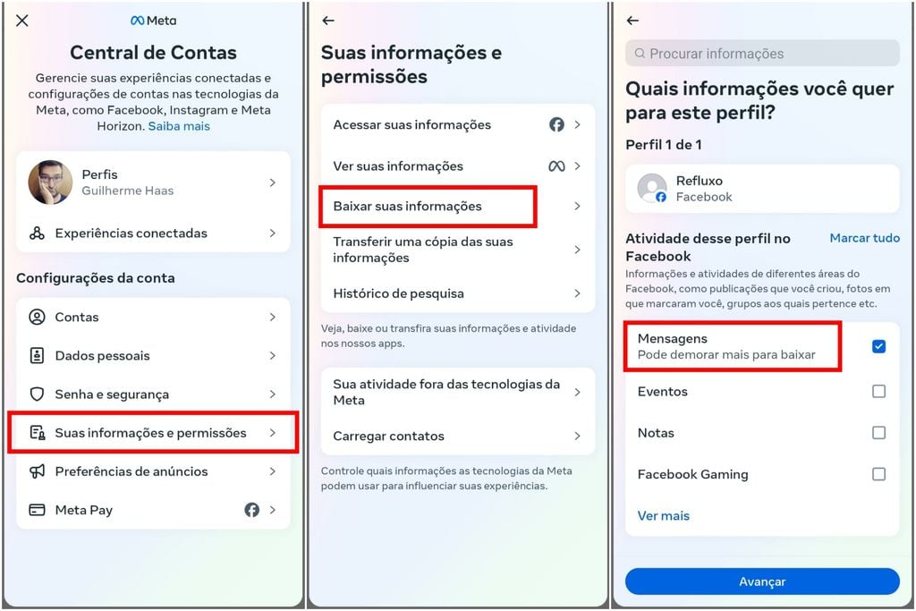 É possível solicitar o download de mensagens pela Central de Contas da Meta dentro de um período determinado (Imagem: Captura de tela/Guilherme Haas/Canaltech)