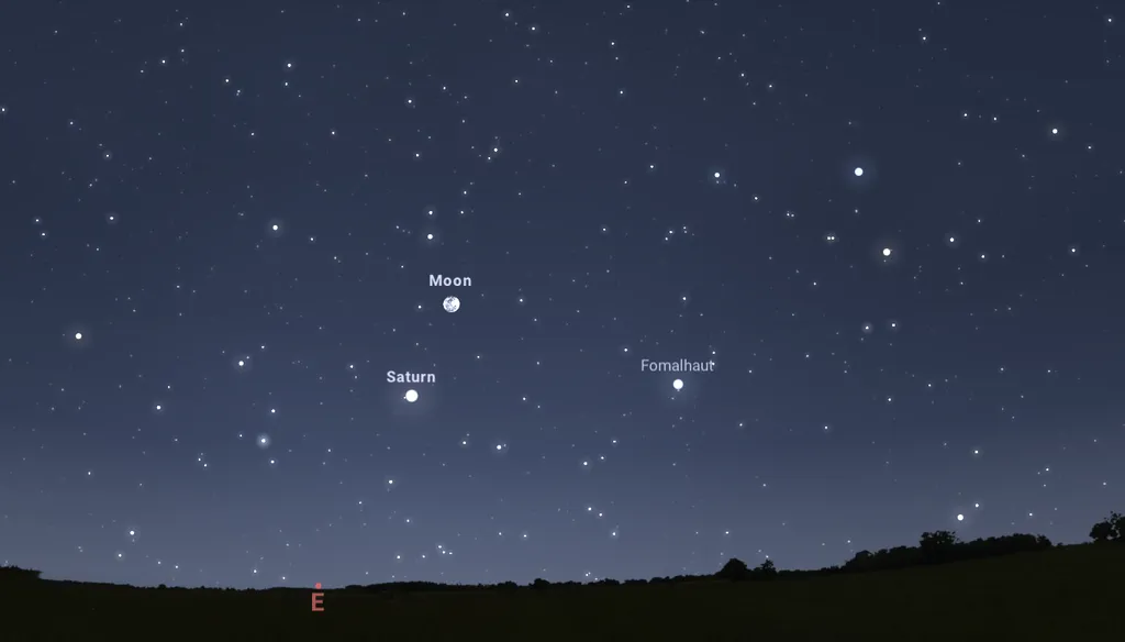 Posição da Lua e Saturno no céu às 20h35 (Imagem: Captura de tela/Stellarium)