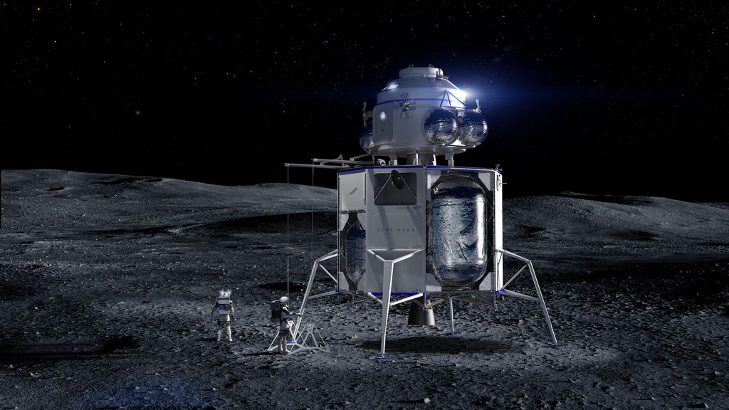 Conceito de como seria possível acoplar um módulo secundário para permitir a ida de astronautas à Lua com a Blue Moon (Imagem: Blue Origin)