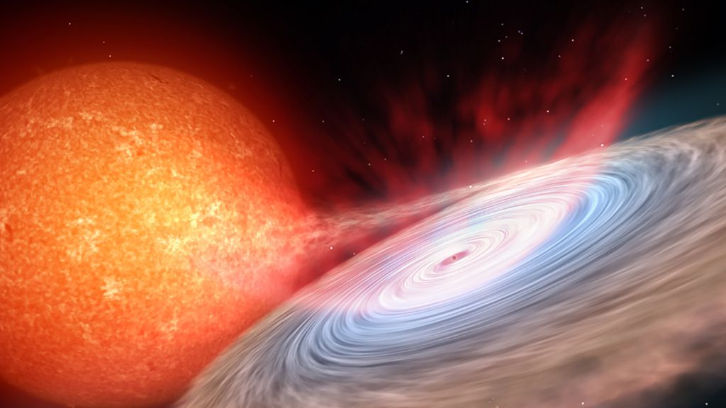Ilustração de um buraco negro absorvendo matéria de uma estrela companheira (Imagem: Reprodução/Gabriel Pérez Díaz/SMM)