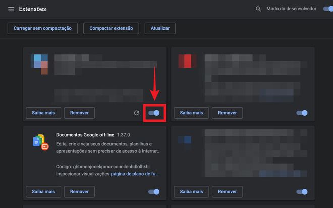 Para desativar extensões no Google Chrome, é só desmarcar essa chave azul no navegador (Captura de tela: Caio Carvalho)