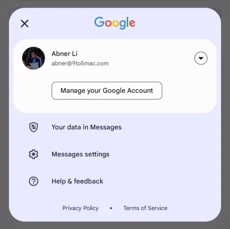 O alternador de contas do Google apareceu com cantos arredondados e seções separadas por cores no Google Mensagens (Imagens: Reprodução/9to5Google)