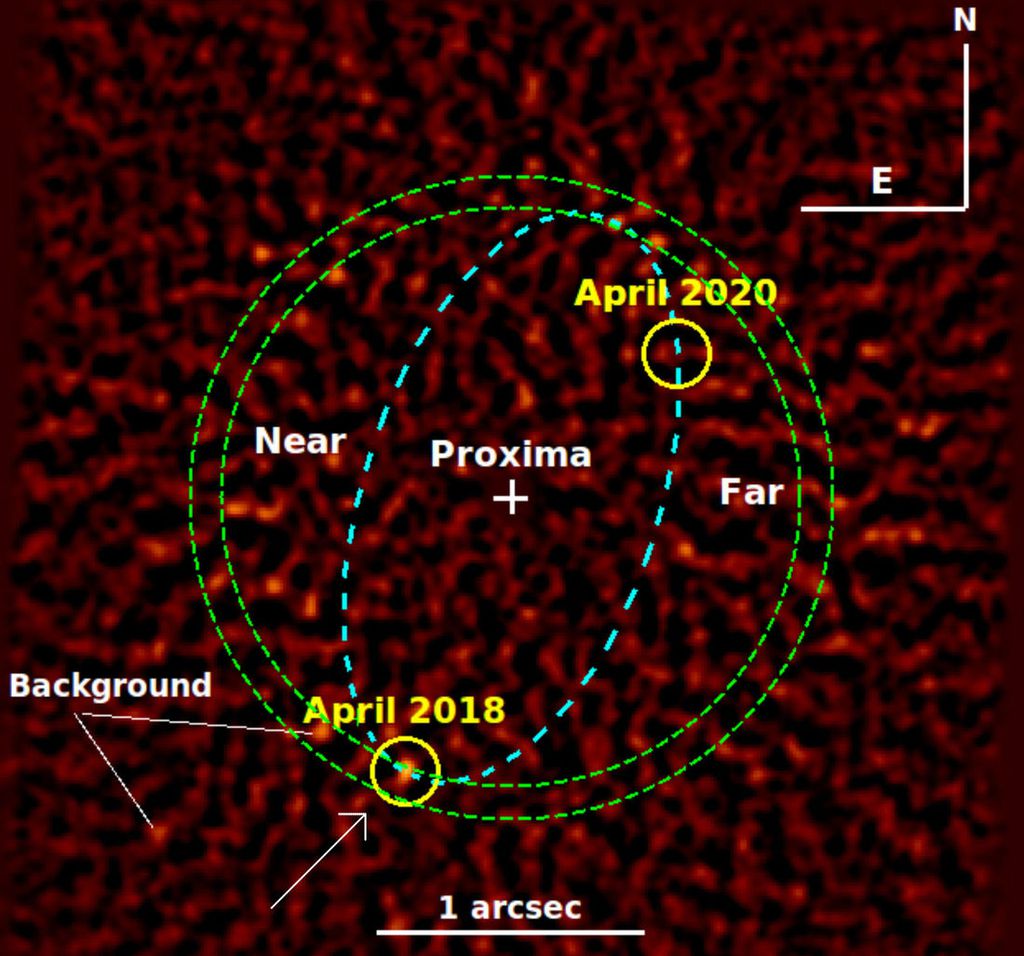 A combinação de cinco imagens foi feita com ajuda do Very Large Telescope e mostra um pontinho de luz (seta branca) onde o Proxima c deveria existir (Imagem: Gratton)