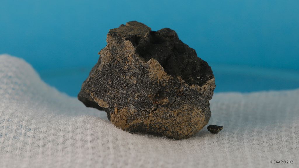 O meteorito recuperado na Inglaterra, classificado como um condrito carbonáceo (Imagem: Reprodução/EAARO)