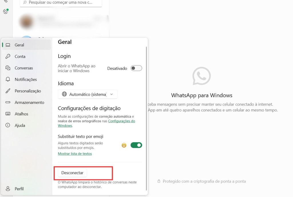 Saia do WhatsApp para computadores e apague o histórico de conversas no dispositivo (Imagem: Captura de tela/André Magalhães/Canaltech)
