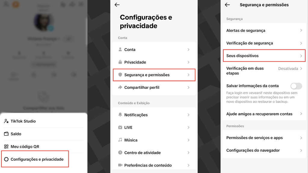 Captura dos passos para verificar os acessos ativos no TikTok